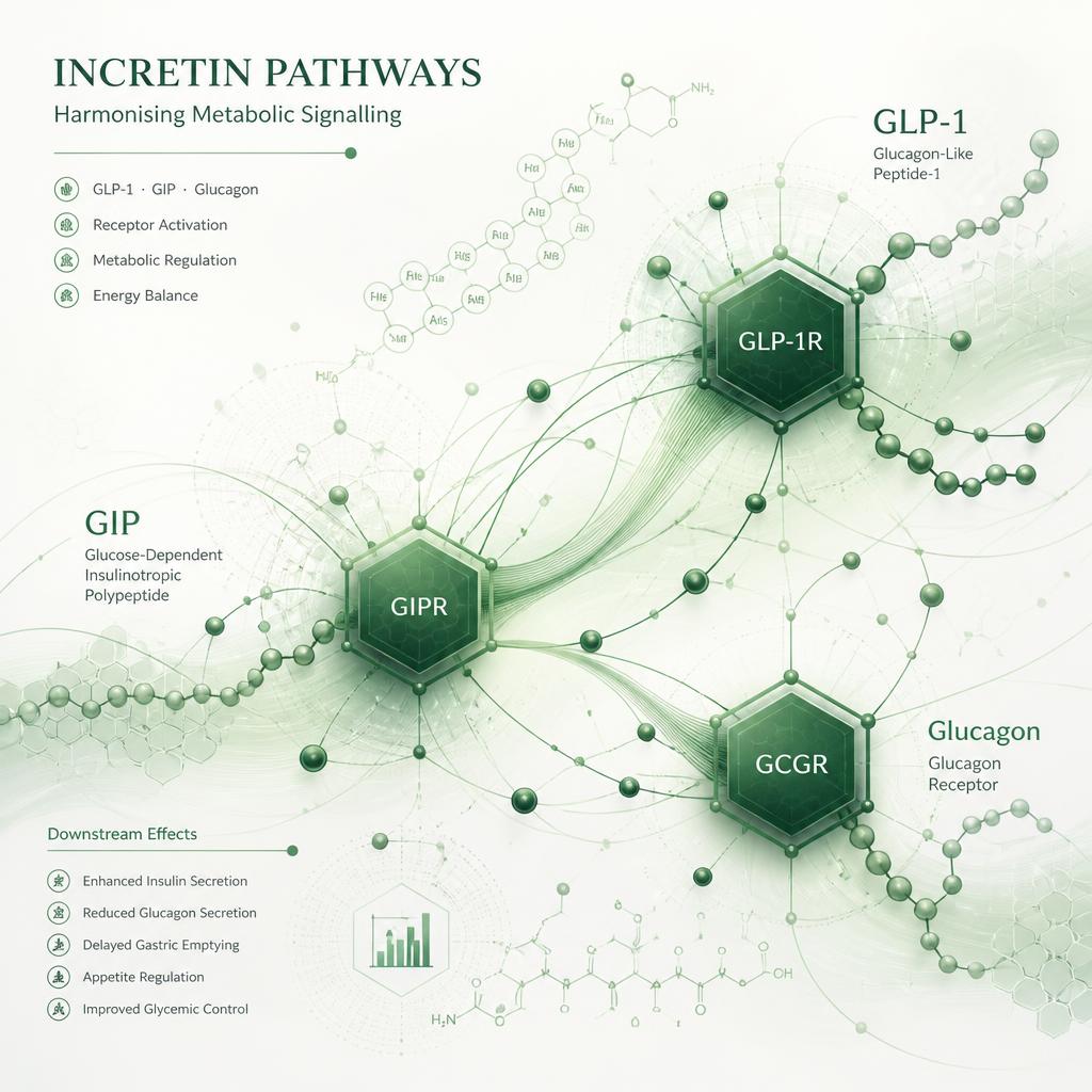 Scientific illustration of incretin signalling pathways relevant to weight-management research