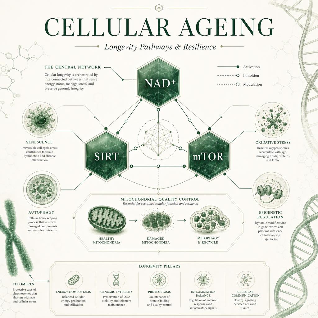 Scientific illustration of cellular ageing, longevity pathways and mitochondrial quality-control research