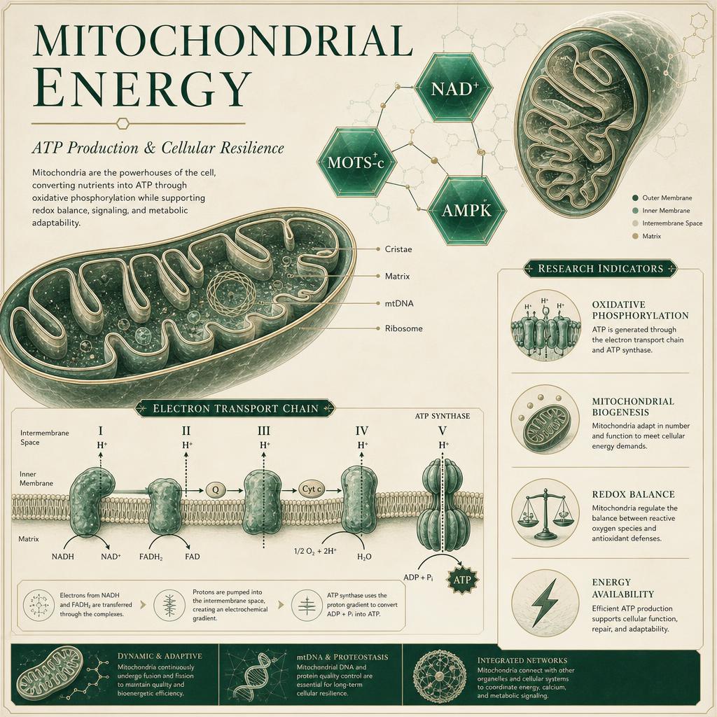 Scientific illustration of mitochondrial energy production and cellular resilience research