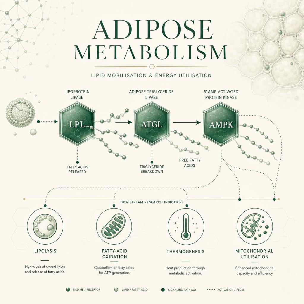 Scientific illustration of adipose metabolism, lipolysis and fatty-acid oxidation research pathways