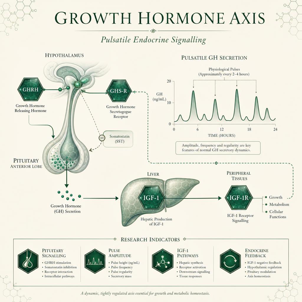 Scientific illustration of the growth hormone axis and pulsatile endocrine signalling research