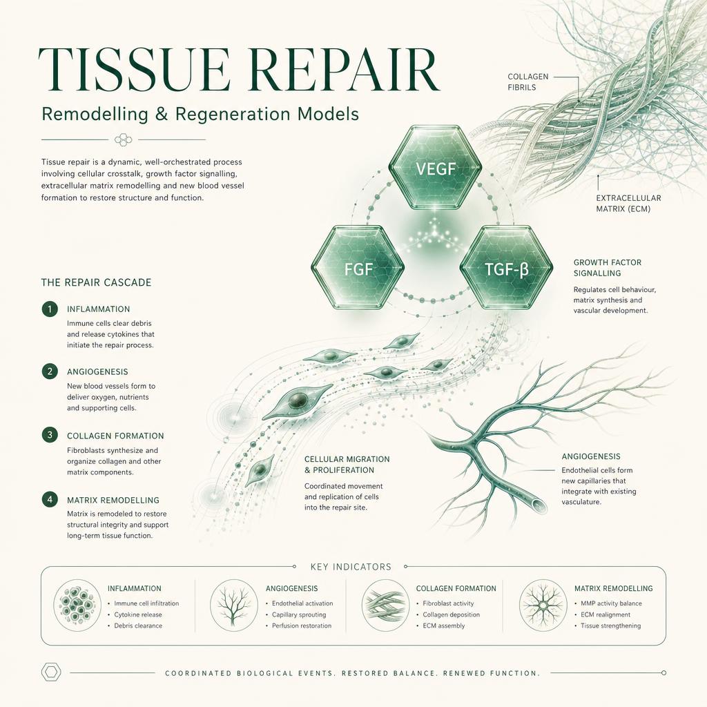 Scientific illustration of tissue repair, angiogenesis and extracellular-matrix remodelling research
