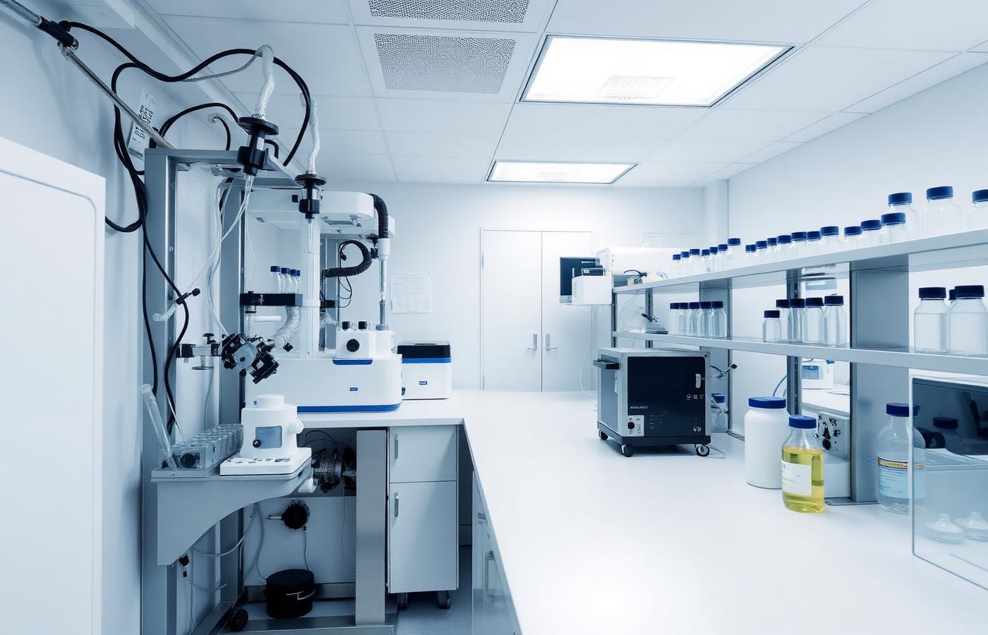 Analytical laboratory with chromatography instrumentation on stainless steel benches.