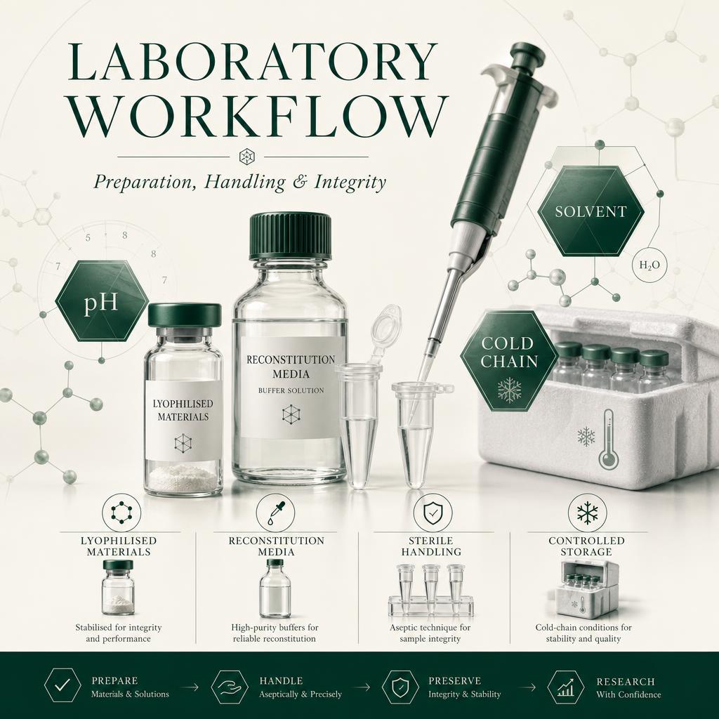 Scientific illustration of laboratory preparation, handling, storage and sample-integrity workflows