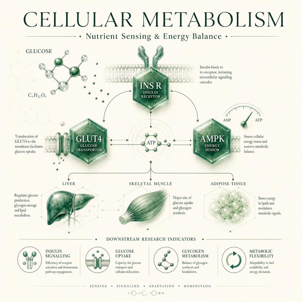 Scientific illustration of cellular metabolism, insulin signalling and glucose uptake research pathways