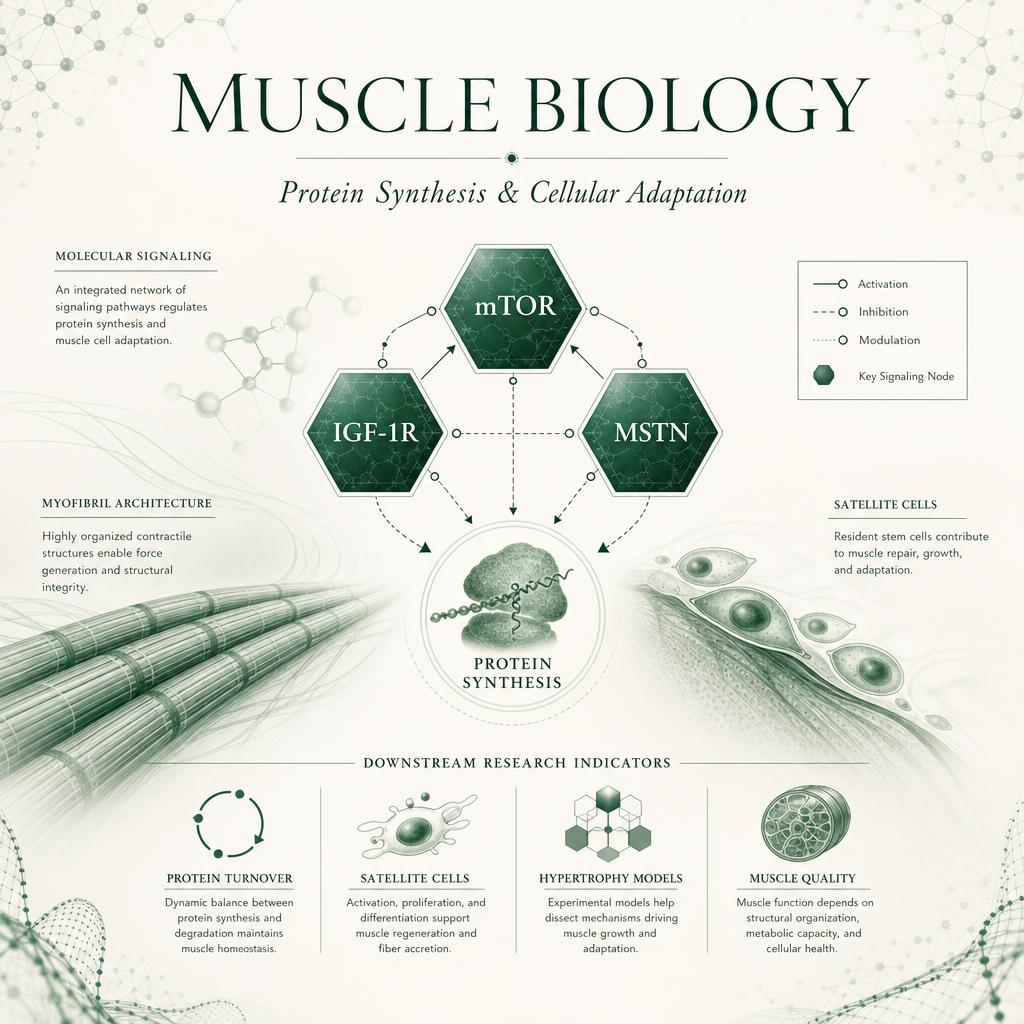 Scientific illustration of muscle biology, protein synthesis and cellular adaptation research pathways