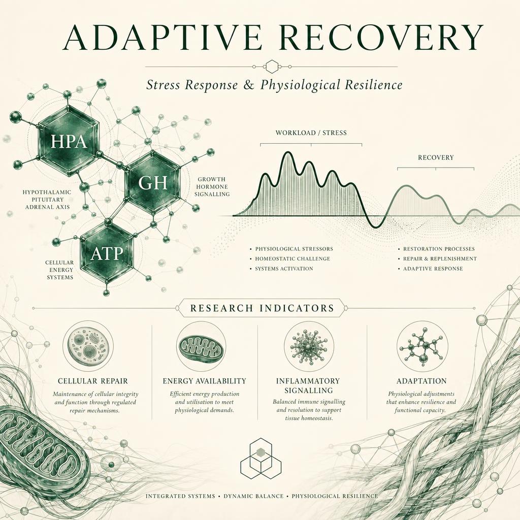 Scientific illustration of adaptive recovery, stress response and physiological resilience research