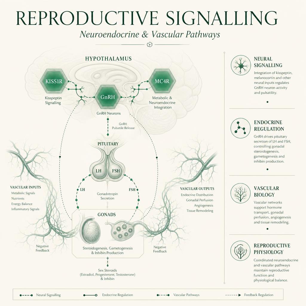 Scientific illustration of reproductive signalling, neuroendocrine and vascular research pathways