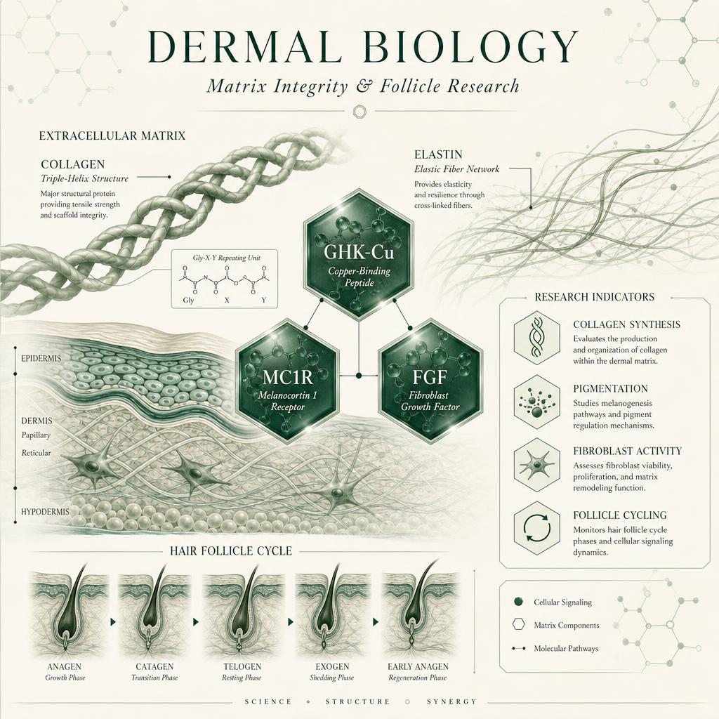 Scientific illustration of dermal biology, collagen synthesis and hair follicle research