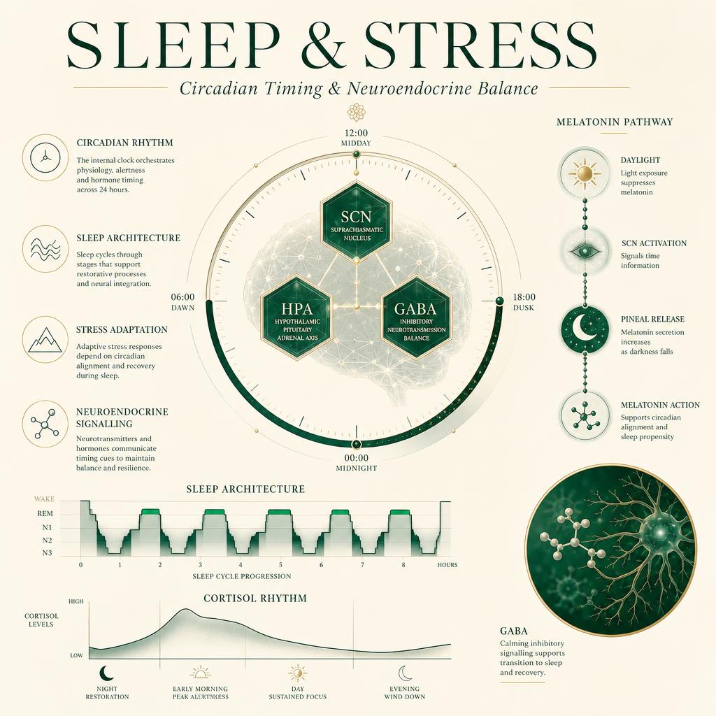 Scientific illustration of circadian timing, sleep architecture and neuroendocrine balance research